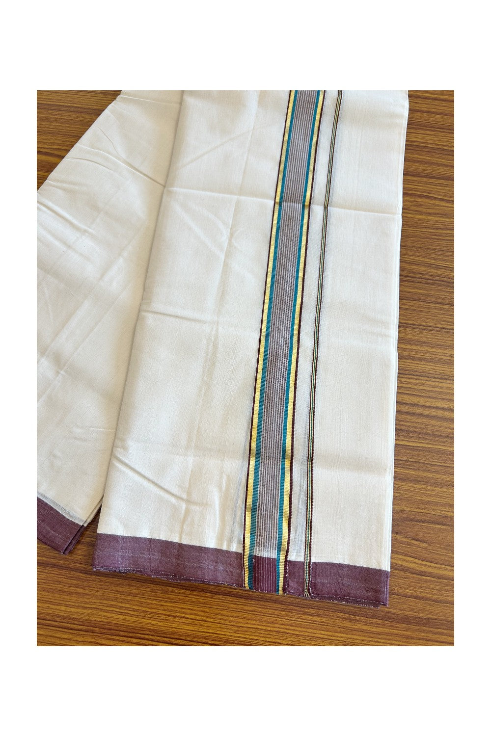 19% Discount !! KaithariKada HANDLOOM UNAKKUPAAV Balaramapuram - 100% PURE Cotton OFF White (Unbleached) Double Mundu/Dothi - 2.25 Inch Brown Peacock Blue & Kasavu Striped Kara - 6KK5082RAM