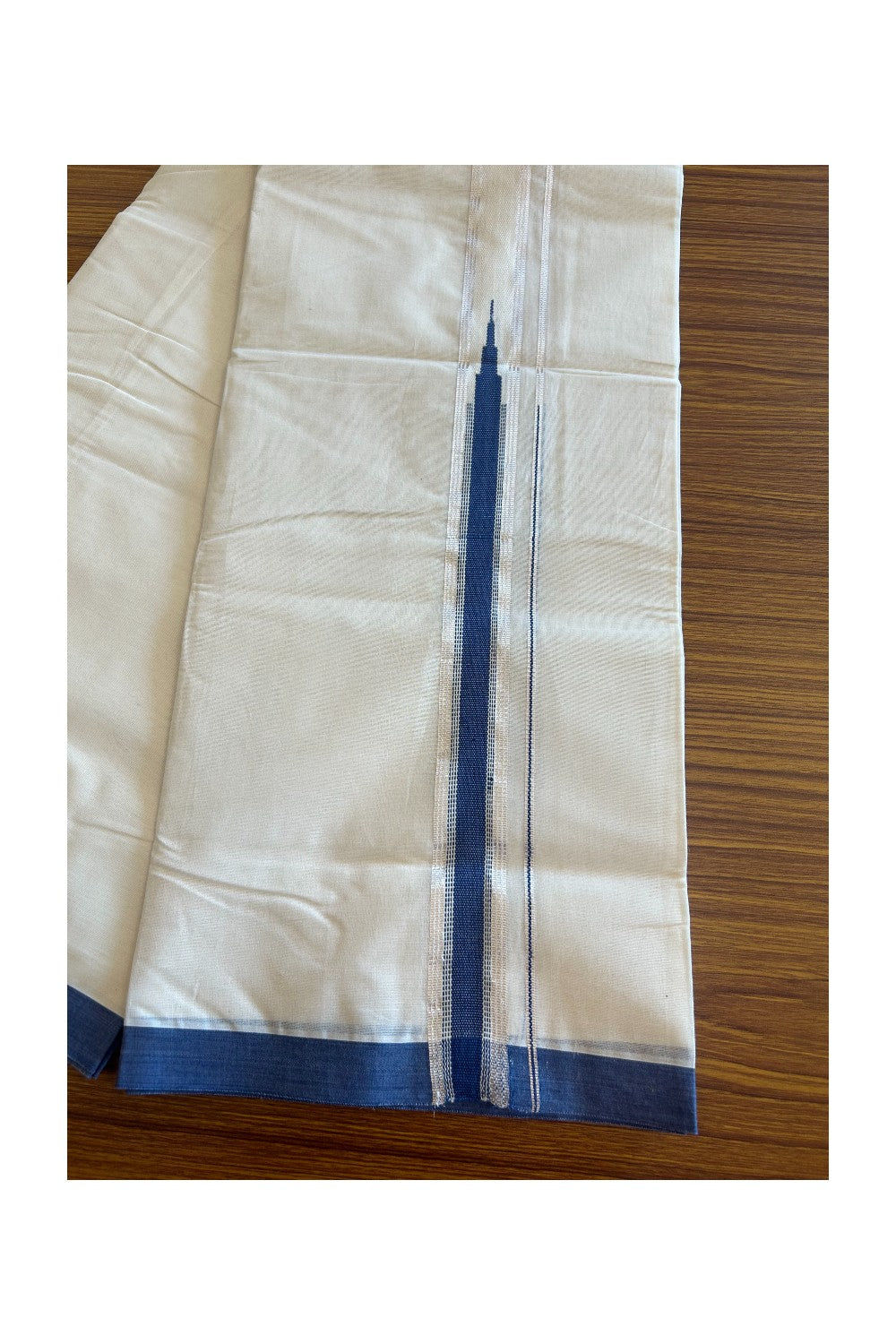 19% Discount !! KaithariKada Balaramapuram 100% Cotton Double Off White - (Unbleached) Mundu/Dhoti-100x100 1.5 inch Heavy Chutty Silver Kasavu & Blue Striped kara - 6KK5088ASH