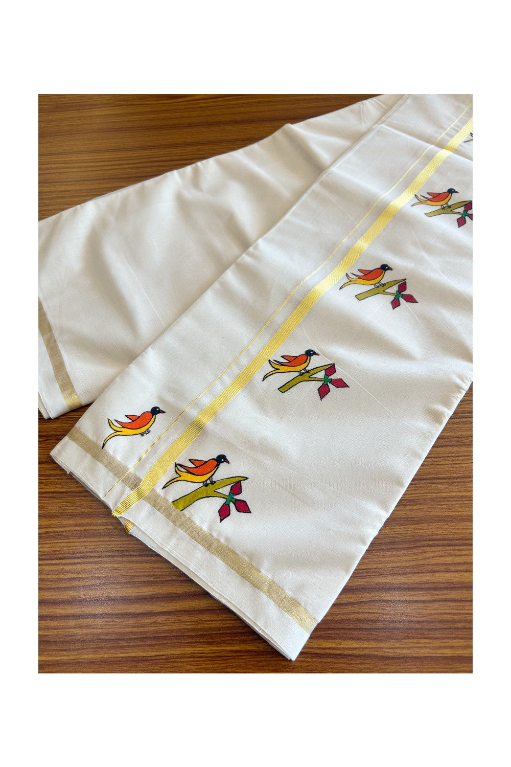 KaithariKada HANDLOOM Millpaav Balaramapuram - 100% PURE Cotton OFF White - (Unbleached) Double Mundu/Dothi - 1 Inch Kasavu kara Hand Painted Bird Design - 6KK5091RAM