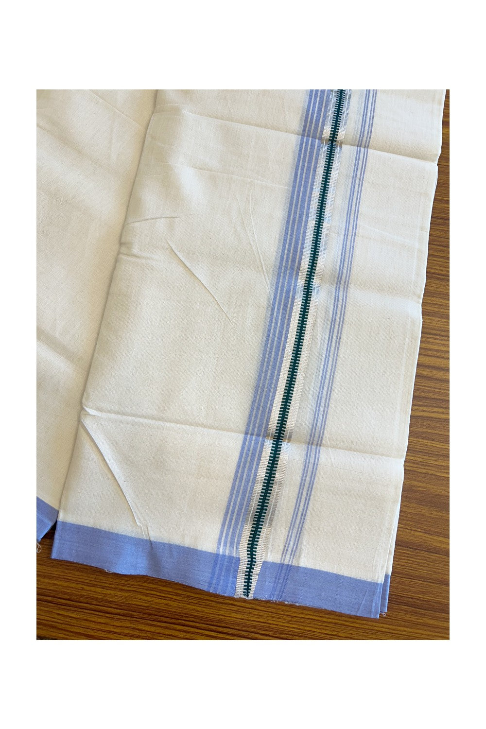 19% Discount! KaithariKada HANDLOOM UNAKKUPAAV Balaramapuram - 100% Cotton Double OFF White (Unbleached) - Mundu/Dhoti - 100x100 2.25 inch Lavendar & Green Silver kasavu Stripes Kara - 6KK5096YAR