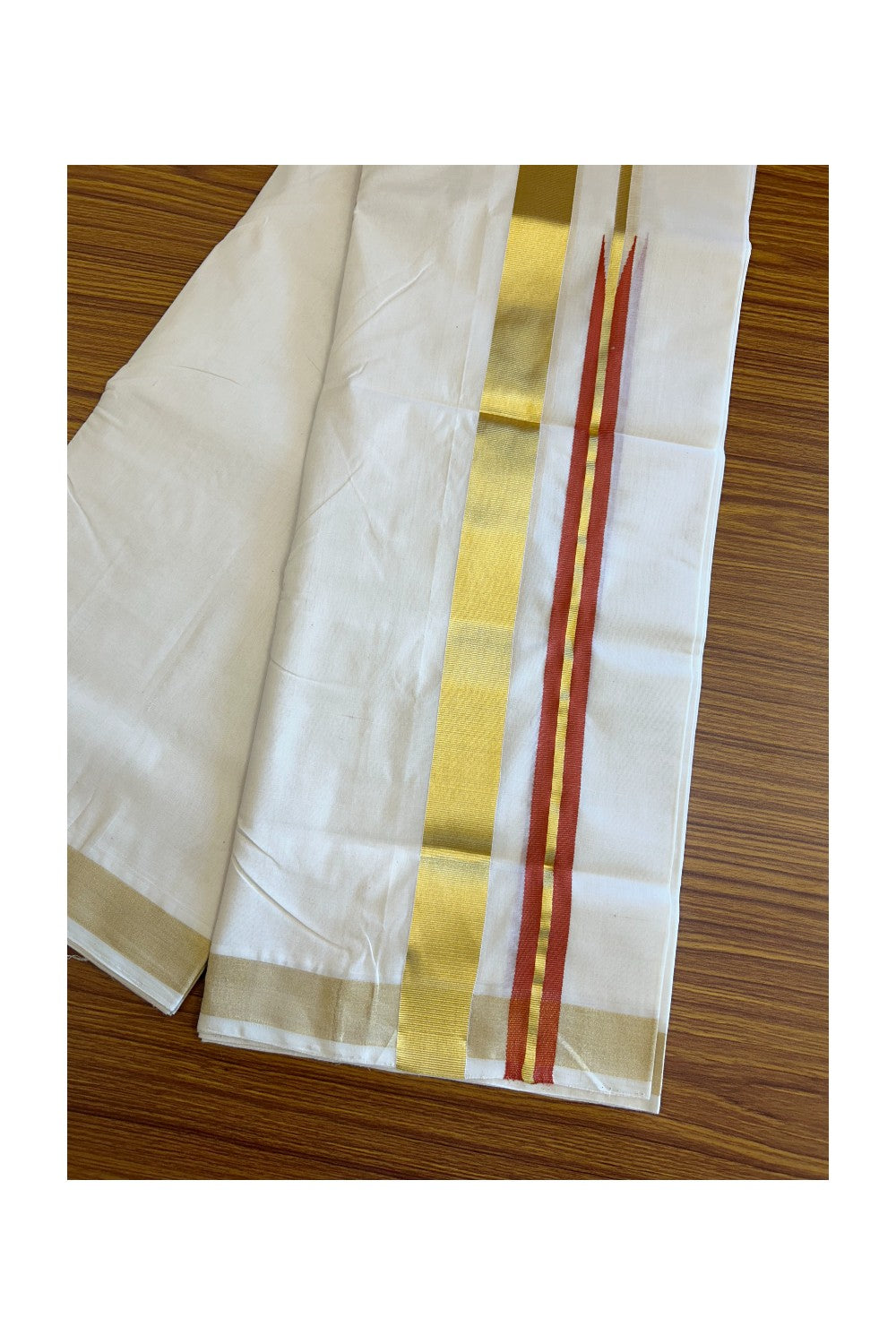 30% DISCOUNT ! KaithariKada HANDLOOM Unakkupaav Balaramapuram - 100% PURE Cotton Off White - (Unbleached) Double Mundu/Dhoti - 100x100  1.5 Inch Kasavu Brick Red long Chutty - 6KK5097ABH