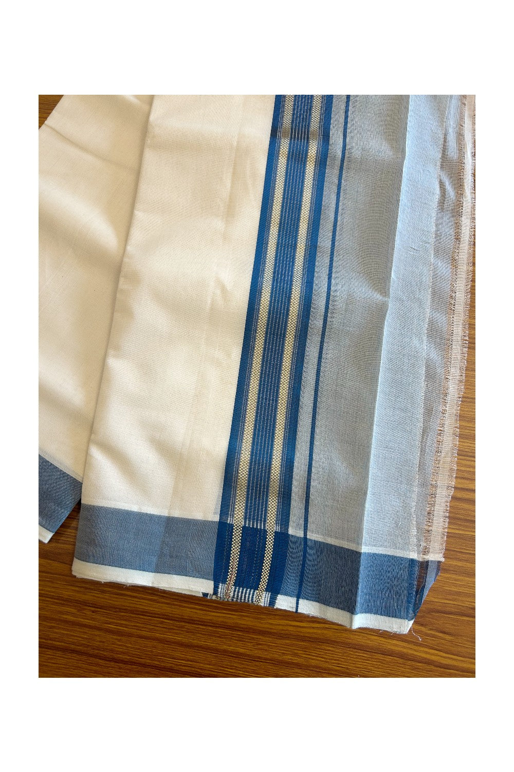 30% DISCOUNT! KaithariKada HANDLOOM Millpaav Balaramapuram - 100% PURE Cotton Off White (Unbleached) - Double Mundu/Dhoti - 6.75 inch Gold Kasavu Striped & Blue Half Tissue Kara- 6KK5105RAM