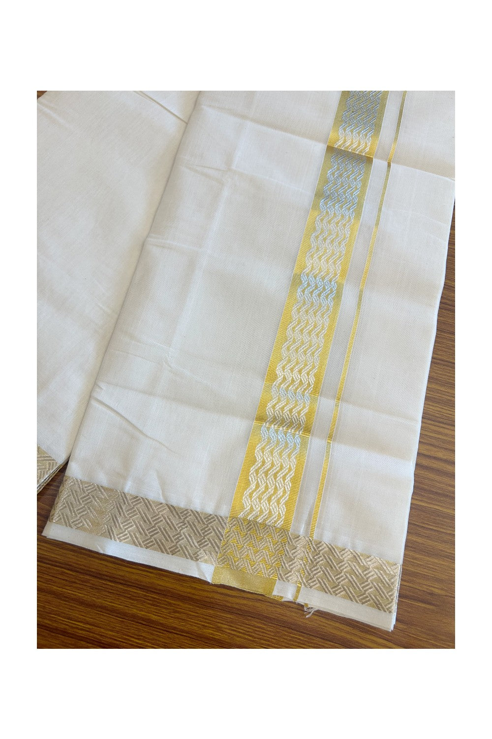 30% DISCOUNT ! KaithariKada HANDLOOM Unakkupaav Balaramapuram - 100% PURE Cotton Off White - (Unbleached) Double Mundu/Dhoti - 2.5 inch Gold Kasavu & Silver Design Kara - 6KK5107ABH