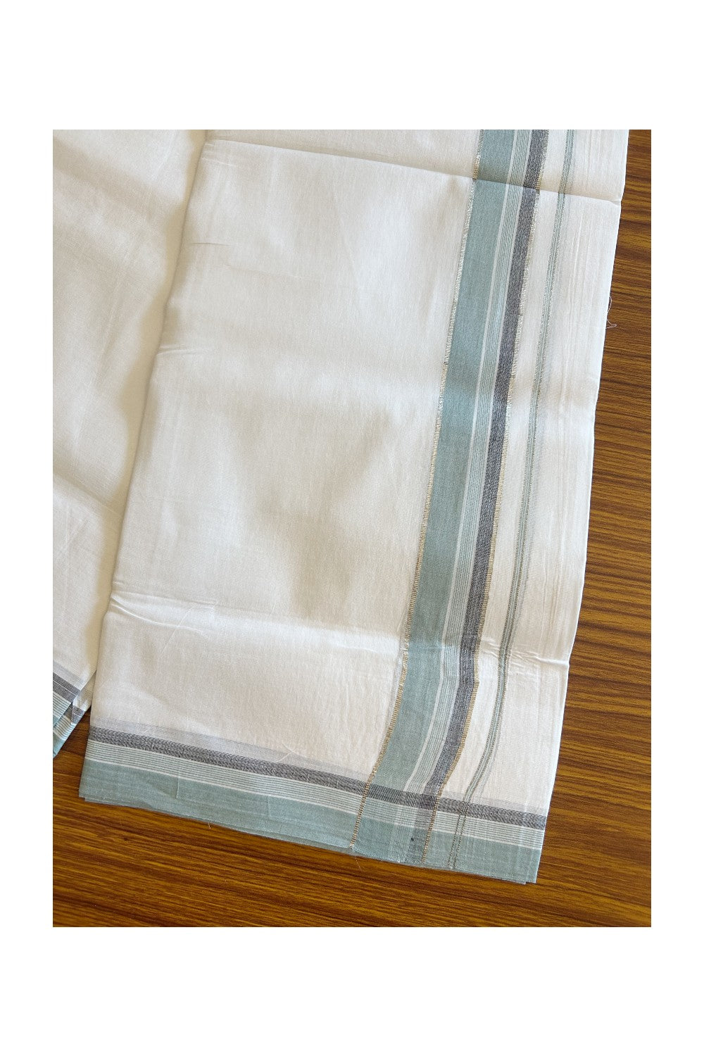 19% DISCOUNT!! Kaitharikada Balaramapuram 100% Cotton Ultra WHITE Double Mundu./Dothi-100x100 - 1.5 Inch Pestel Green & Black Silver Stripes Kara - 6KK5109THI