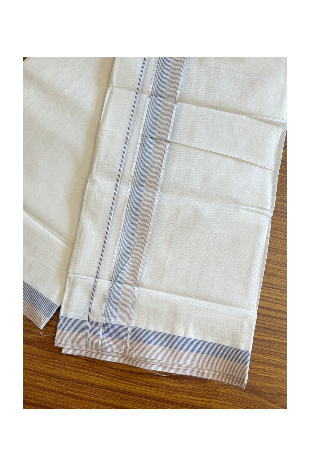 19% DISCOUNT! KaithariKada Balaramapuram 100% Cotton  Off white (Unbleached) Double Mundu/Dhoti-100x100 1.75 inch Silver Kasavu & Blue Brown Striped kara - 6KK5110THI