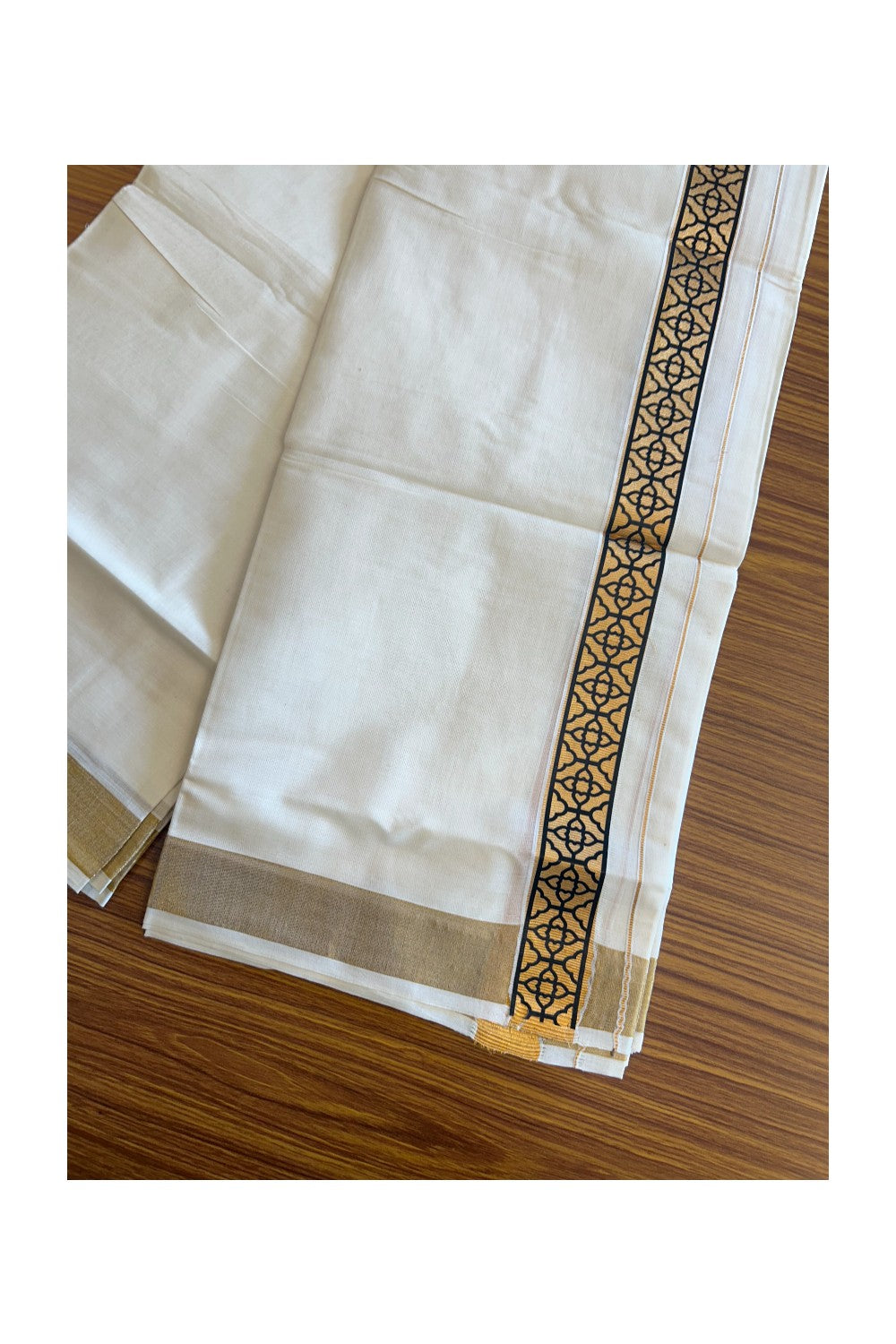 20% DISCOUNT ! KaithariKada Balaramapuram Mixed Cotton OFF White (Unbleached) Double Mundu/Dhoti - 80x80 Thread Mixed Cotton - 2 inch Gold kasavu & Black designer kara - 6KK5113PMC