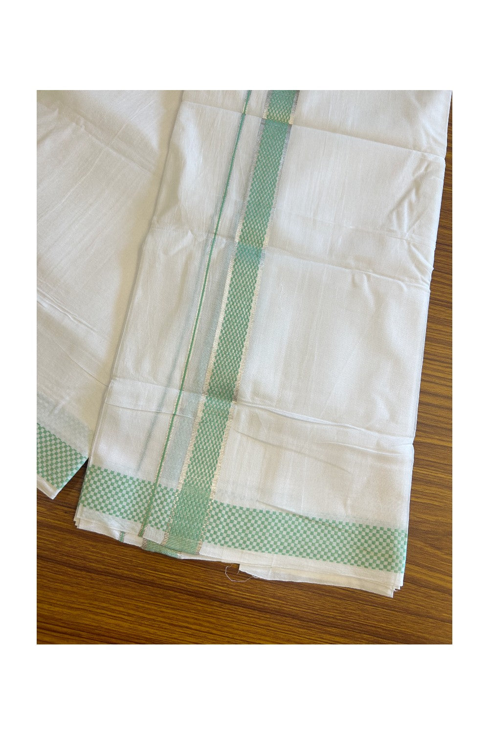 20% DISCOUNT! KaithariKada Balaramapuram 100% Cotton Double PURE white Mundu/Dhoti - 100x80 - 1.75 Inch Silver kasavu & Mint Green Check jacquard pattern Kara - 6KK5118PMC