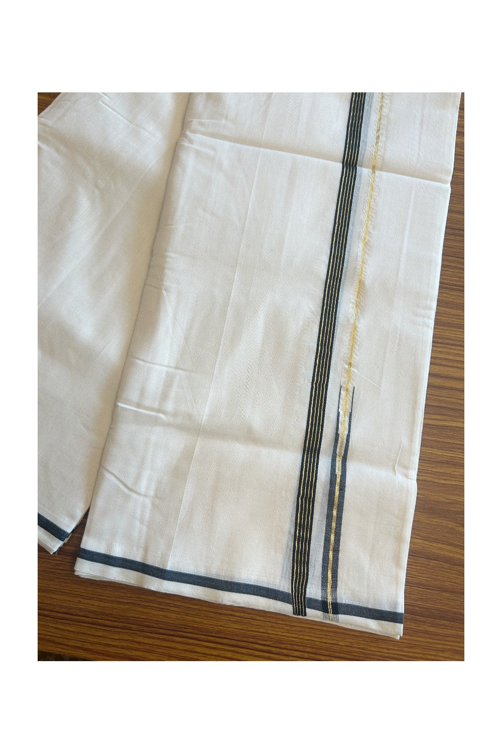 14% DISCOUNT!! KaithariKada HANDLOOM UNAKKUPAAV Balaramapuram - 100% PURE Cotton OFF White (Unbleached) Double Mundu/Dothi - Puliyilakkara kasavu BLACK GOLD Stripes chutty - 6KK5128YAR