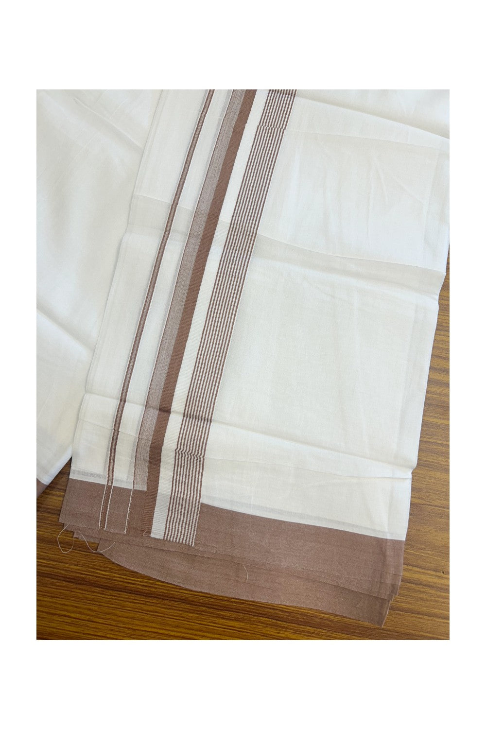 20% DISCOUNT! KaithariKada Balaramapuram 100% Cotton Double PURE white Mundu/Dhoti - 100x80 - 1.75 Inch Brown Striped Kara - 6KK5135GAN