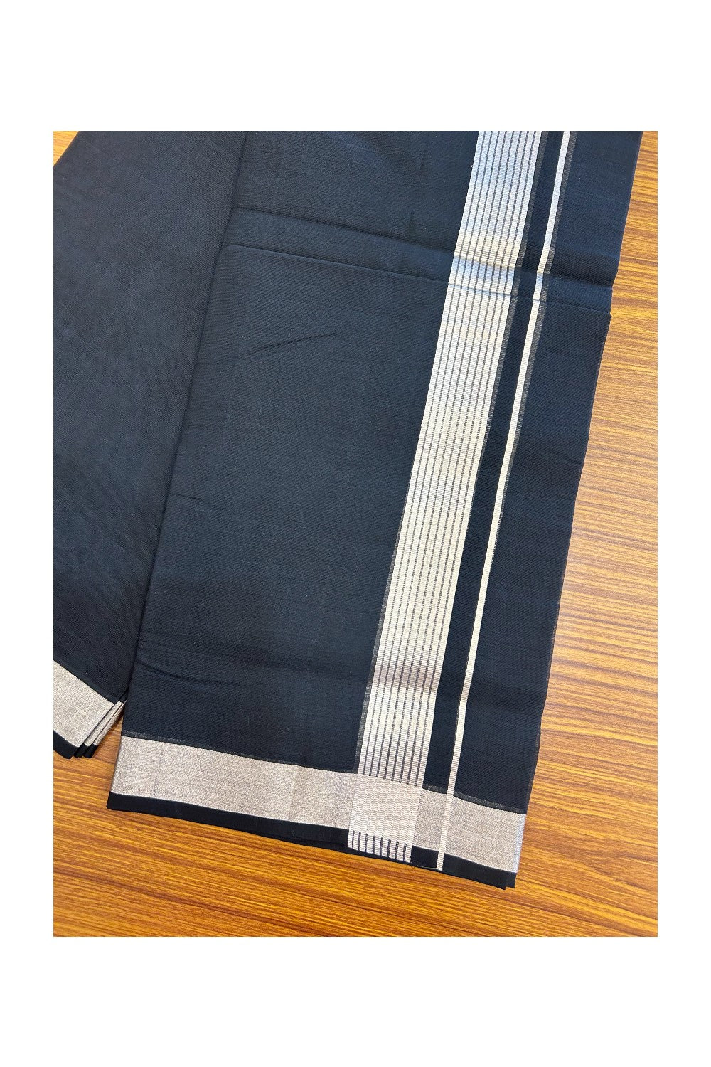 36% Discount! KaithariKada Handloom Unakkupaav Balaramapuram - 100% Cotton Double Mundu/Dhoti -100x100 - Black colour Body & 1.5 Inch Silver kasavu striped kara - 6KK5141ABH