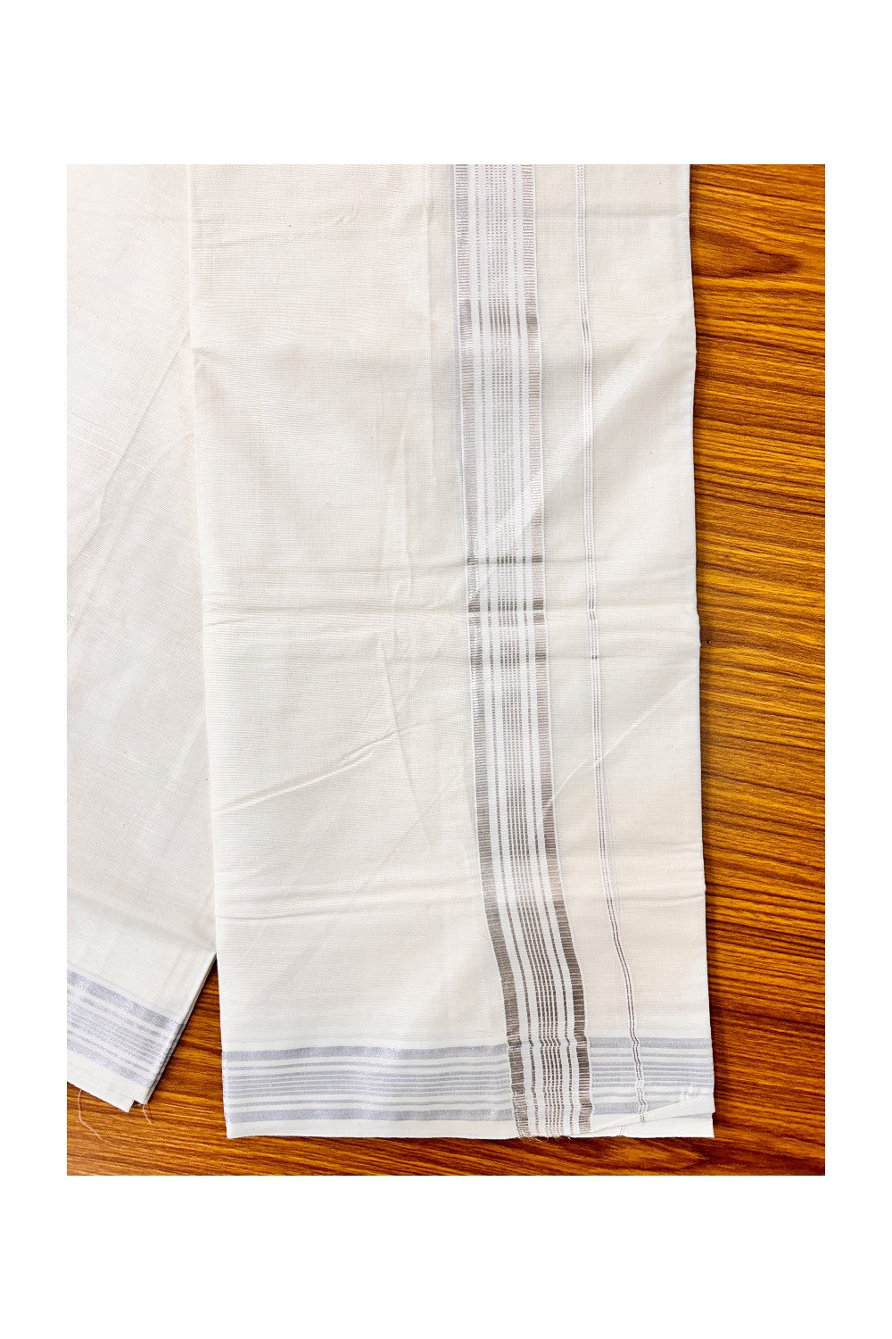 10% DISCOUNT! KaithariKada Balaramapuram 100% Cotton Double Off white Mundu/Dhoti-80X72- 2.25 inch Stripes SILVER Kasavu Kara-6VIN