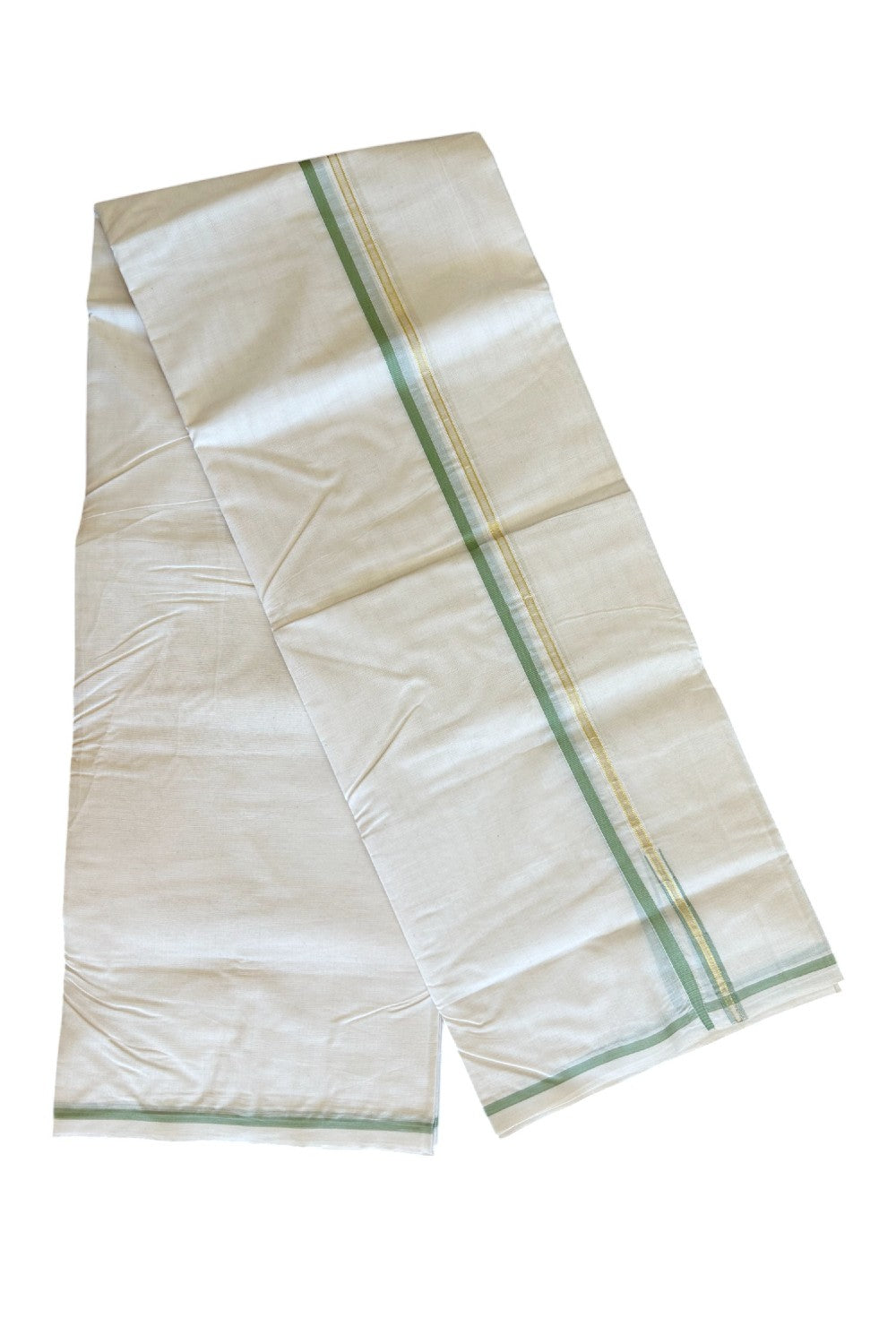 17% DISCOUNT! KaithariKada Balaramapuram 100% Cotton Double Off white Mundu/Dhoti-100x100  1.cm Puliyilakkara Kasavu & Pista green chutty - 60KK500KK