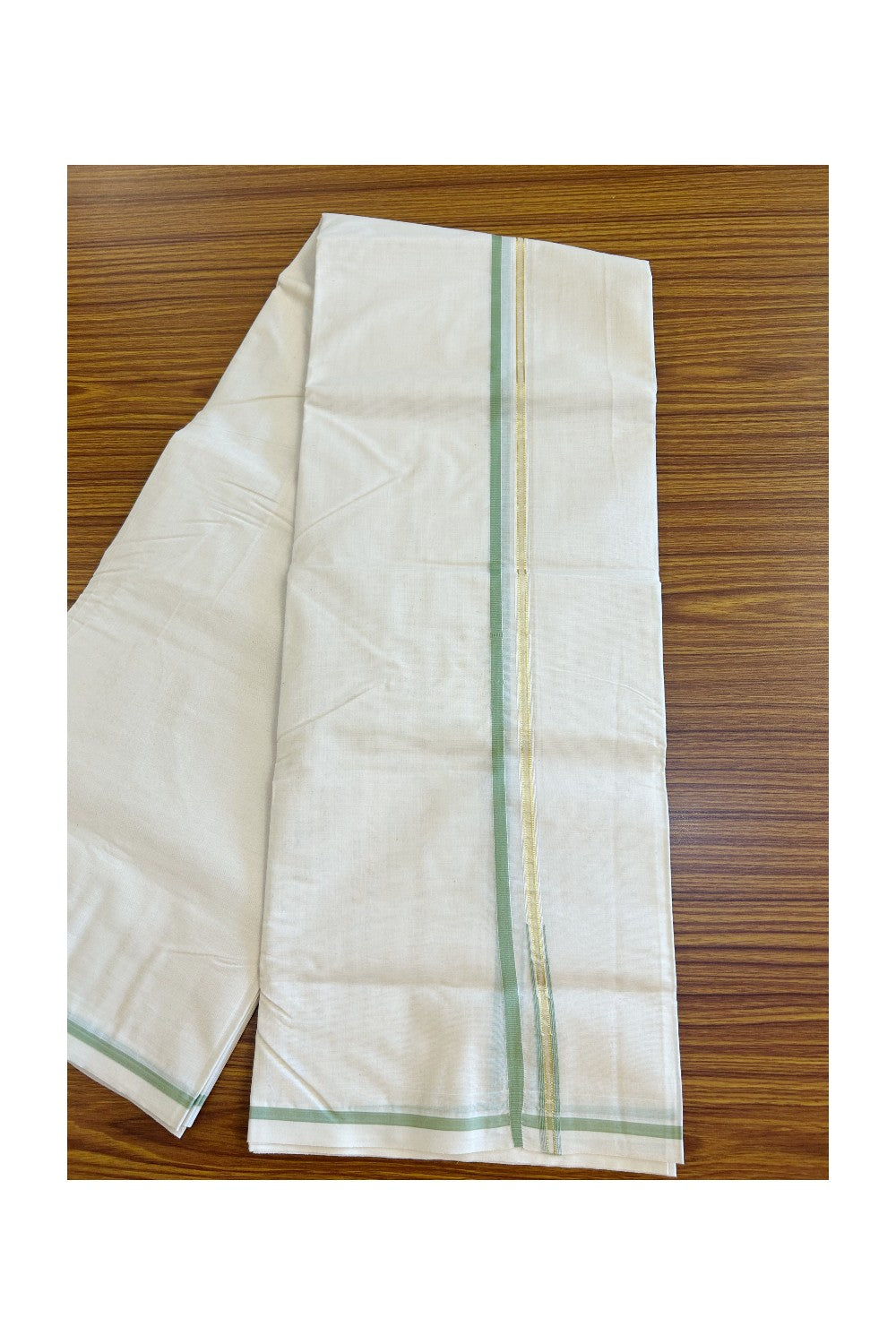 17% DISCOUNT! KaithariKada Balaramapuram 100% Cotton Double Off white Mundu/Dhoti-100x100  1.cm Puliyilakkara Kasavu & Pista green chutty - 60KK500KK