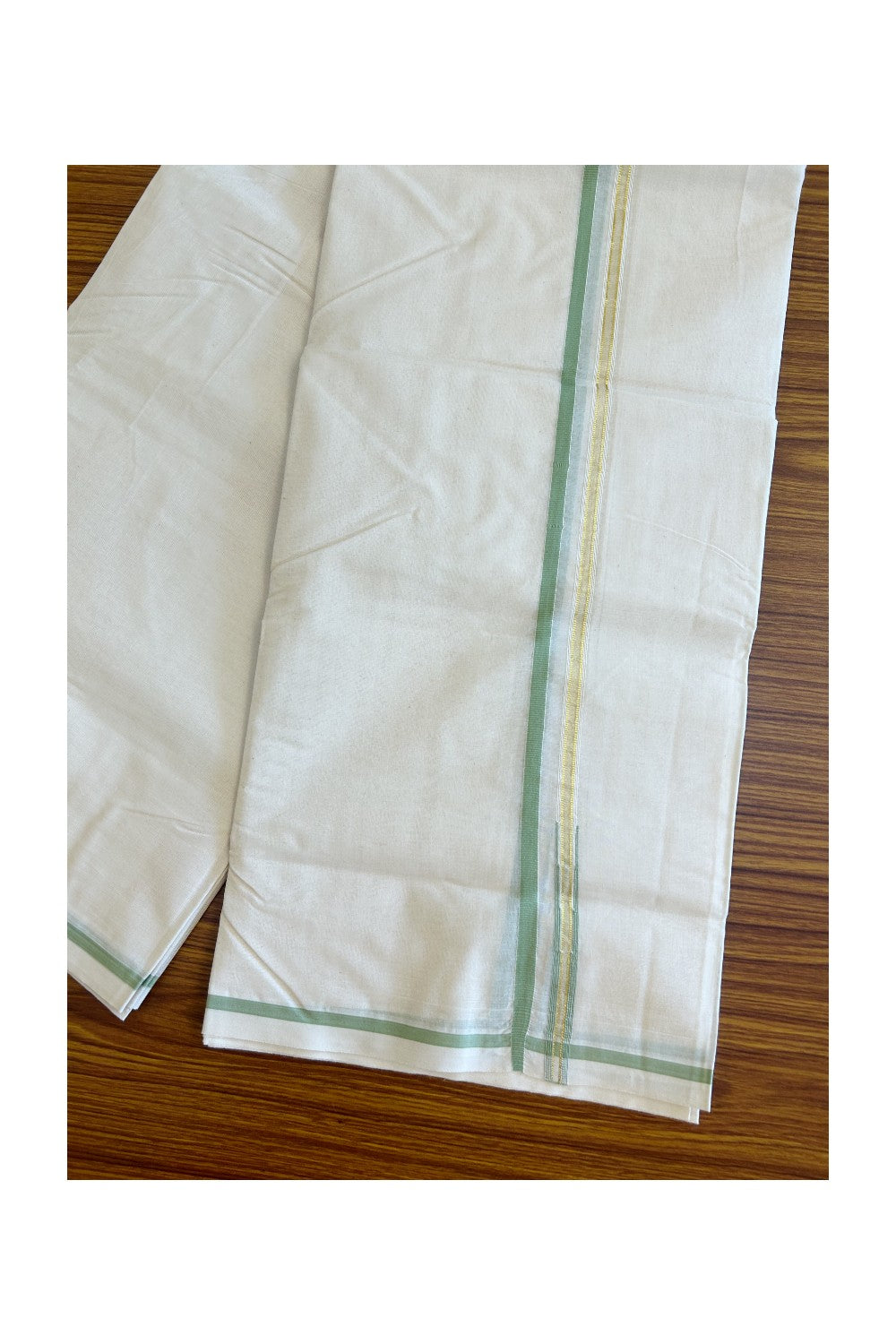 17% DISCOUNT! KaithariKada Balaramapuram 100% Cotton Double Off white Mundu/Dhoti-100x100  1.cm Puliyilakkara Kasavu & Pista green chutty - 60KK500KK