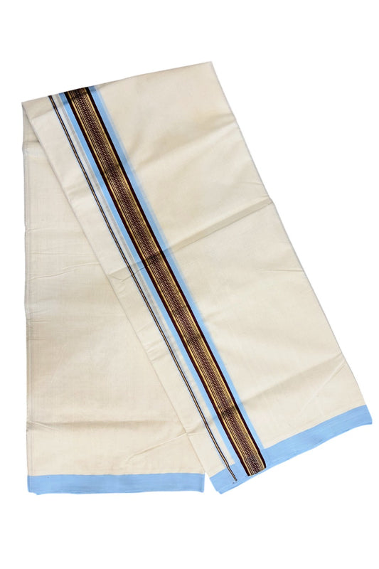 8% Discount!! KaithariKada HANDLOOM millpaav Balaramapuram - 100% PURE Cotton OFF White Double Mundu/Dothi - 2.75  inch Kasavu Maroon Sky Blue Kara 4.5 Meters (10 Muzham) - 61KK5029RAV