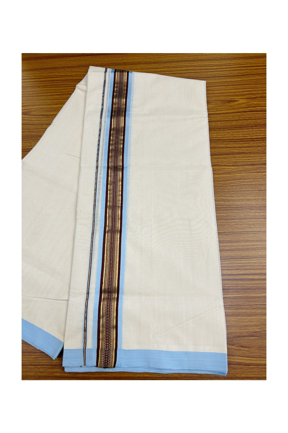 8% Discount!! KaithariKada HANDLOOM millpaav Balaramapuram - 100% PURE Cotton OFF White Double Mundu/Dothi - 2.75  inch Kasavu Maroon Sky Blue Kara 4.5 Meters (10 Muzham) - 61KK5029RAV