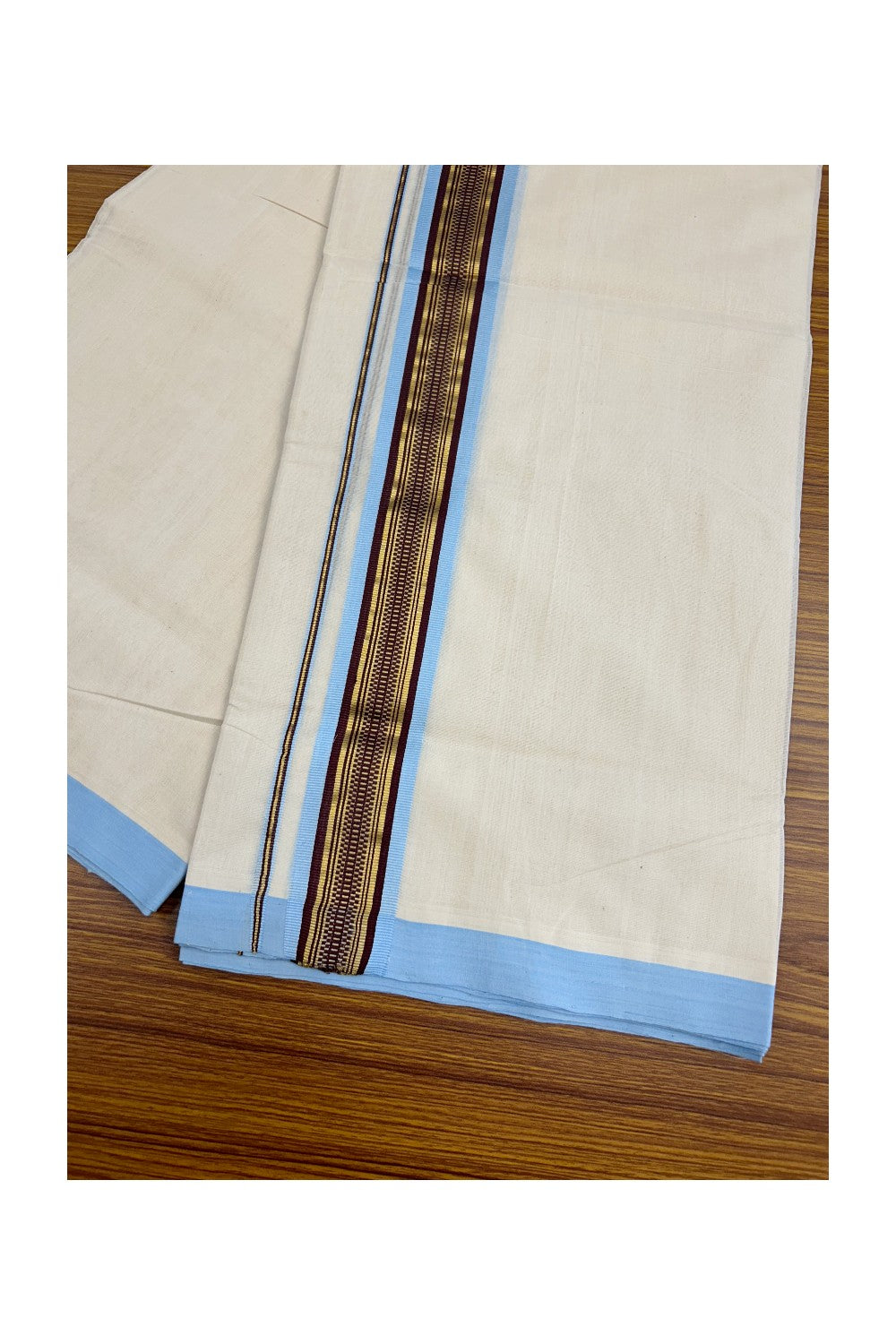 8% Discount!! KaithariKada HANDLOOM millpaav Balaramapuram - 100% PURE Cotton OFF White Double Mundu/Dothi - 2.75  inch Kasavu Maroon Sky Blue Kara 4.5 Meters (10 Muzham) - 61KK5029RAV