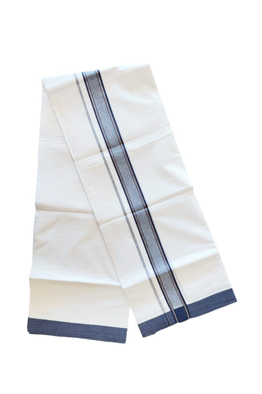 24% DISCOUNT!! Kaitharikada Balaramapuram 100% Cotton Ultra WHITE Double Mundu./Dothi-100x80  2.25 Inch NAVY BLUE + SILVER Striped Cotton Kara -64KK45VAS.