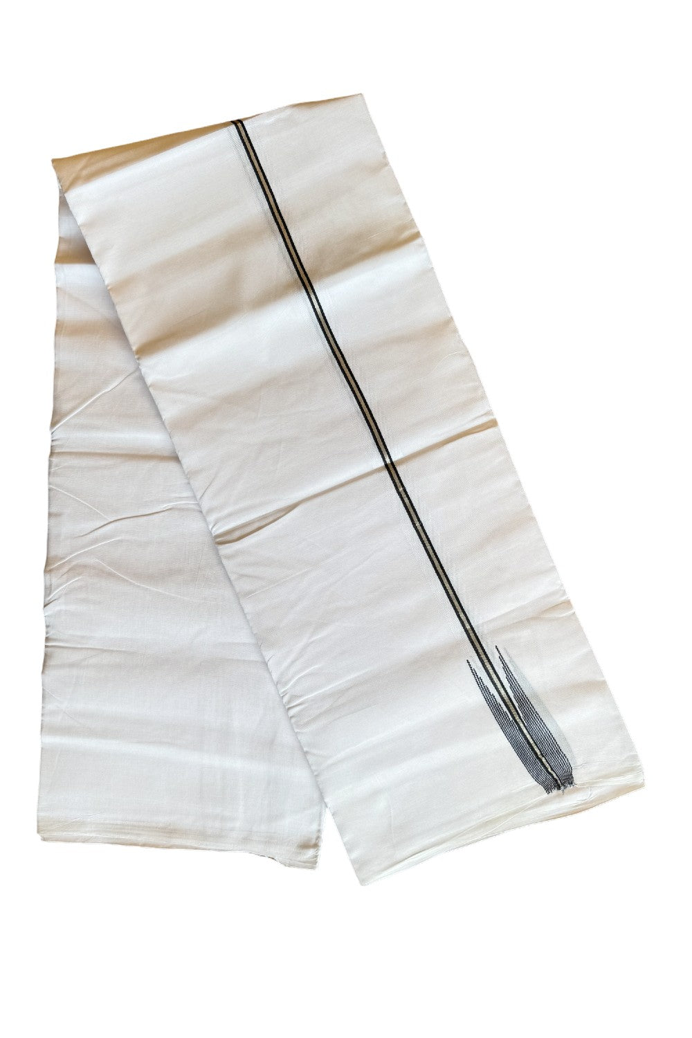 19% DISCOUNT!! KaithariKada Balaramapuram 100% Cotton PURE WHITE Double Mundu/Dhoti-100x100  Puliyilakkara 1 inch Silver kasavu & black striped chutty - 67KK412ASH