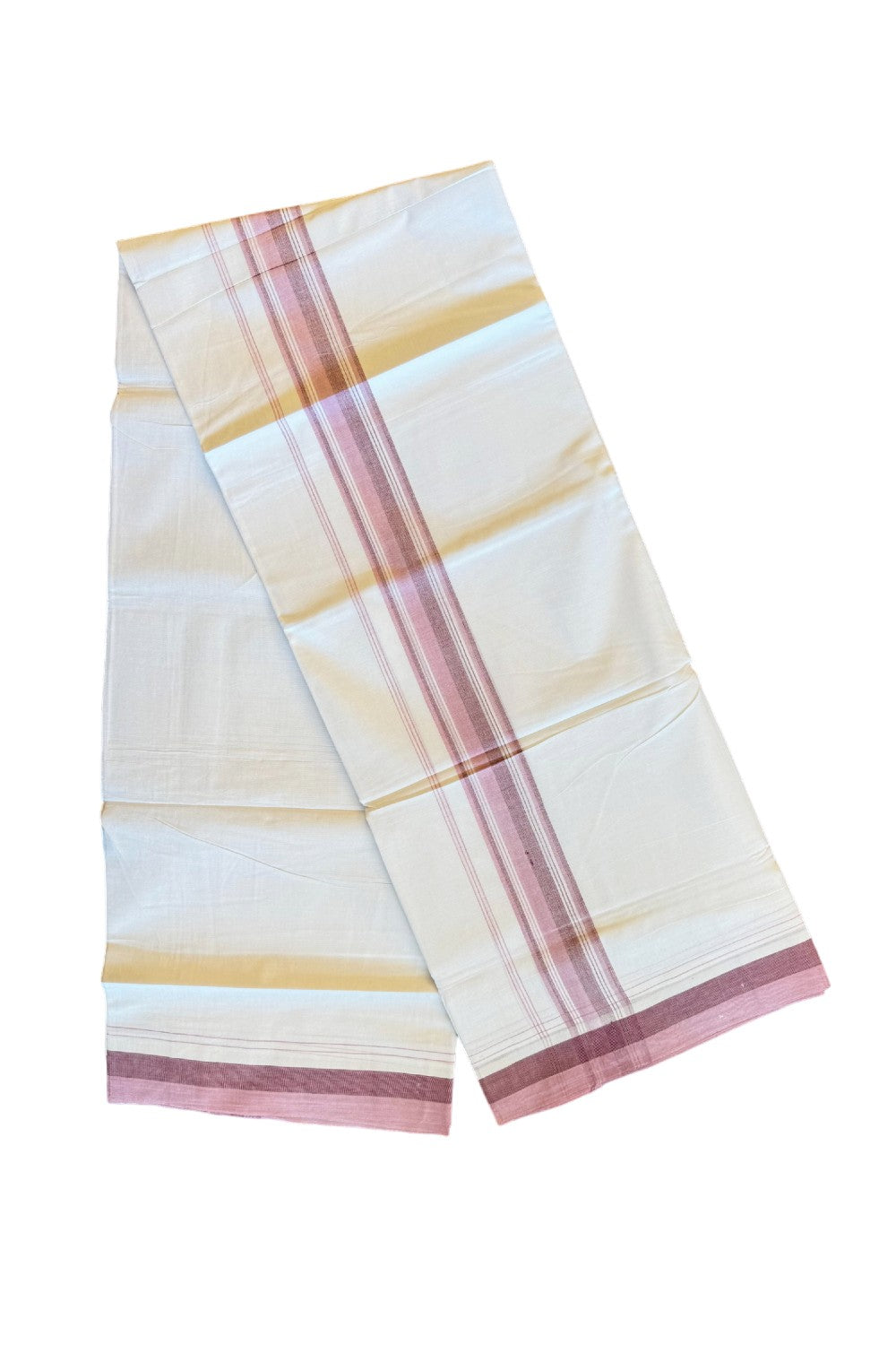 19% DISCOUNT!!! KaithariKada Balaramapuram 100% Cotton Double PURE white Mundu/Dhoti-100x100   2.5 Inch Pink & maroon shades with striped kara  - 67KK83VIN