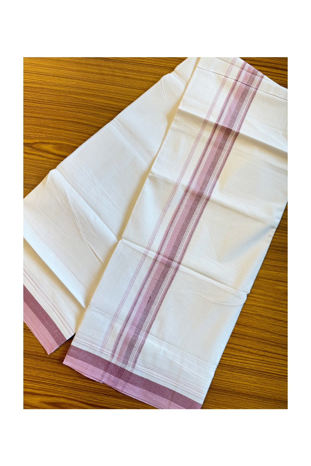 19% DISCOUNT!!! KaithariKada Balaramapuram 100% Cotton Double PURE white Mundu/Dhoti-100x100   2.5 Inch Pink & maroon shades with striped kara  - 67KK83VIN