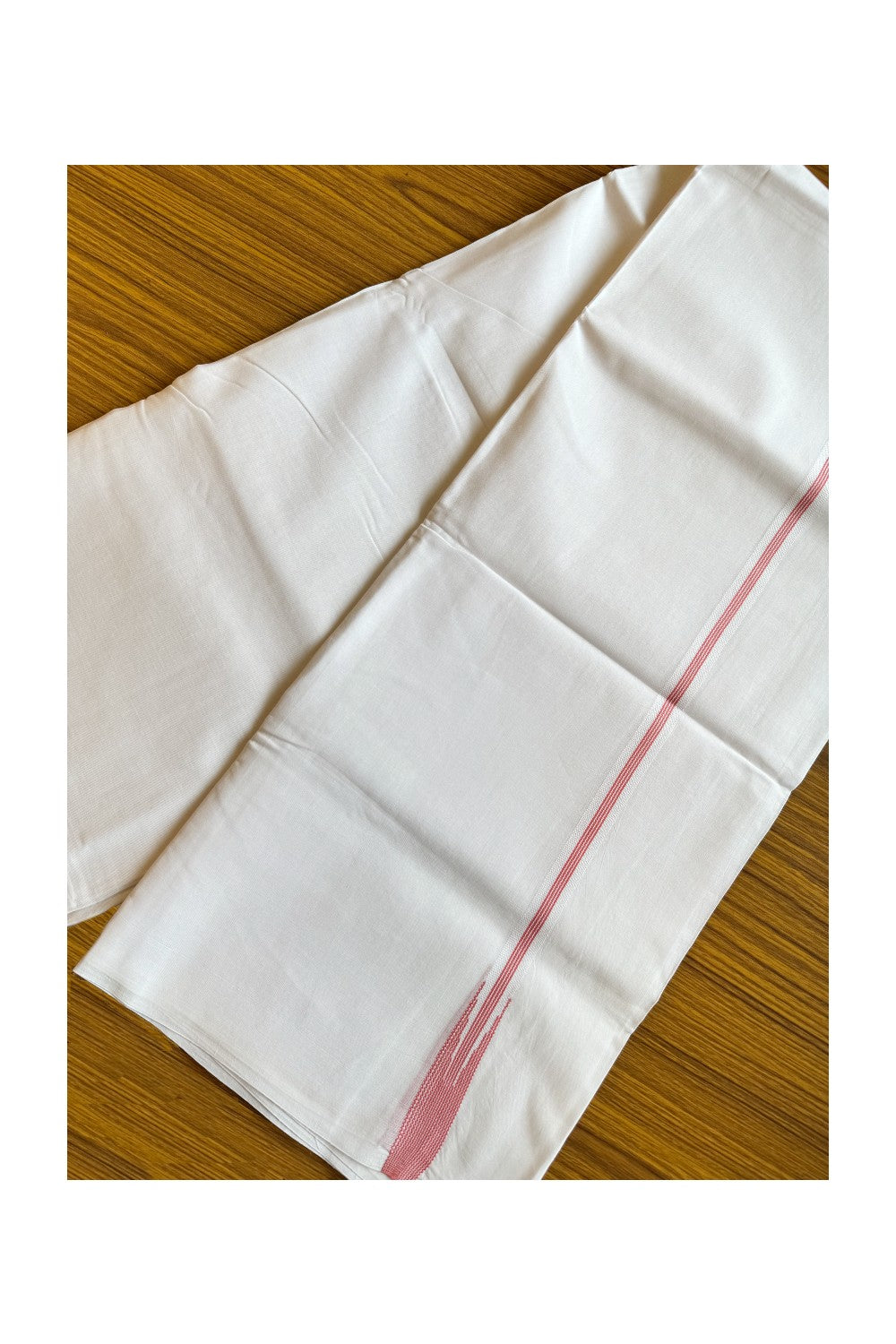 19% DISCOUNT!! KaithariKada Balaramapuram 100% Cotton PURE WHITE Double Mundu/Dhoti-100x100  Puliyilakkara 4 line Pink striped chutty - 68KK412ASH