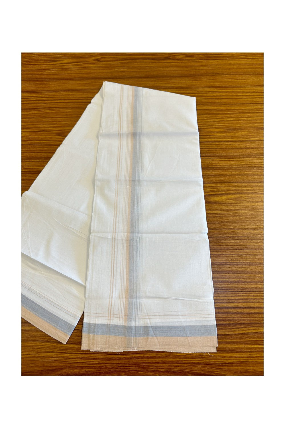 15% DISCOUNT!! Kaitharikada Balaramapuram 100% Cotton Ultra WHITE Double Mundu/Dothi-100x90  2.25 Inch Cream & Light blue shaded stripes kara - 68KK430VAS