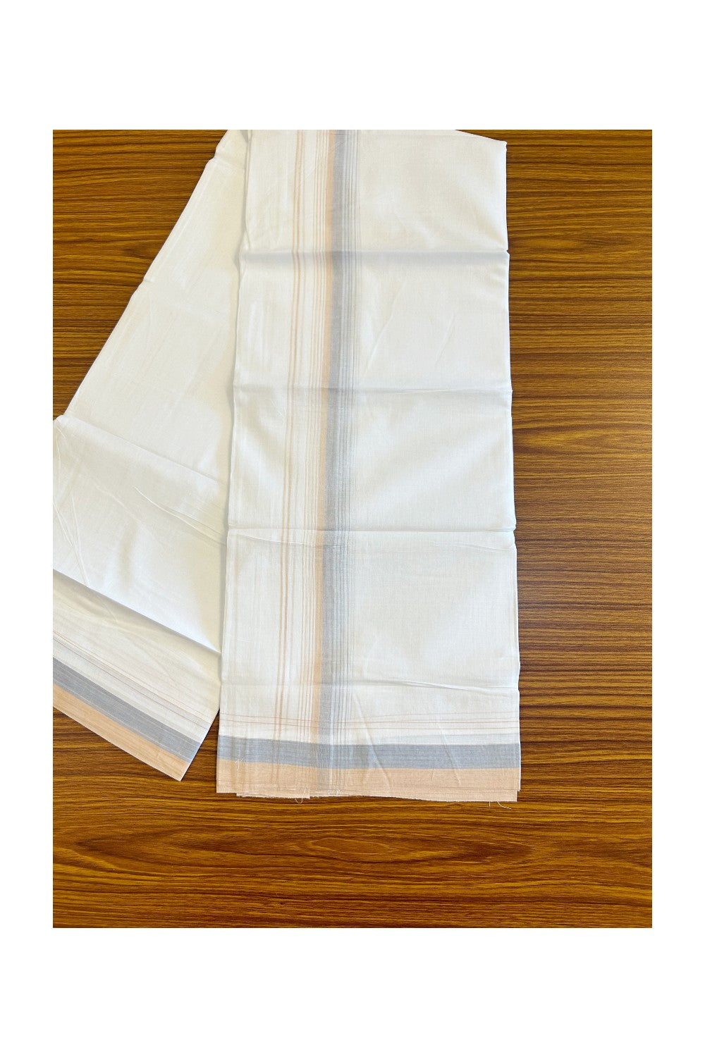 15% DISCOUNT!! Kaitharikada Balaramapuram 100% Cotton Ultra WHITE Double Mundu/Dothi-100x90  2.25 Inch Cream & Light blue shaded stripes kara - 68KK430VAS