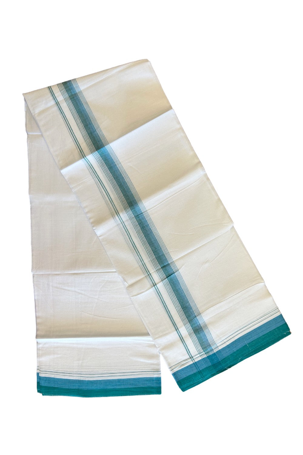 15% DISCOUNT!! Kaitharikada Balaramapuram 100% Cotton Ultra WHITE Double Mundu/Dothi-100x90  2.25 Inch Green & blue shaded stripes kara - 69KK430VAS