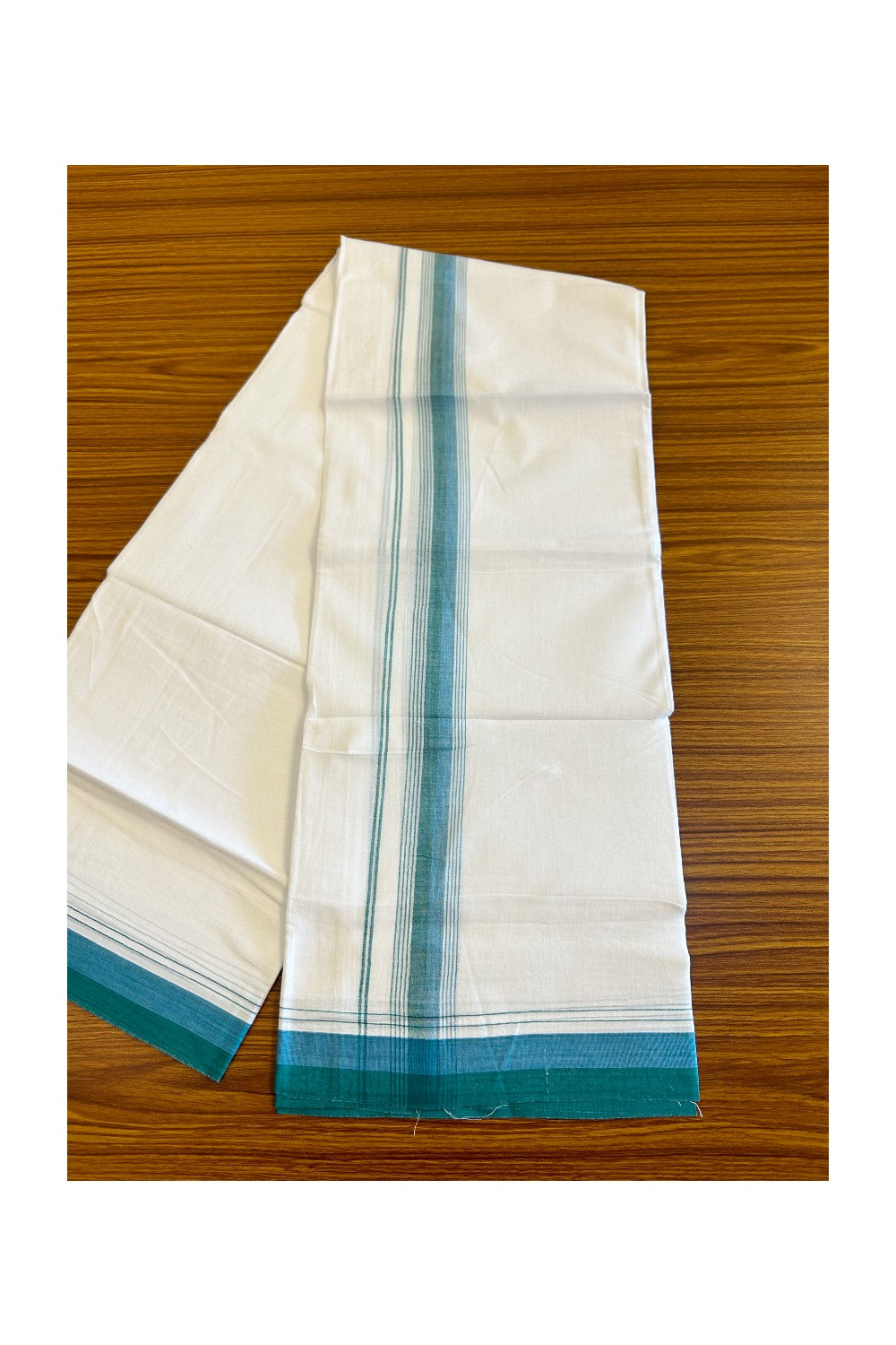 15% DISCOUNT!! Kaitharikada Balaramapuram 100% Cotton Ultra WHITE Double Mundu/Dothi-100x90  2.25 Inch Green & blue shaded stripes kara - 69KK430VAS