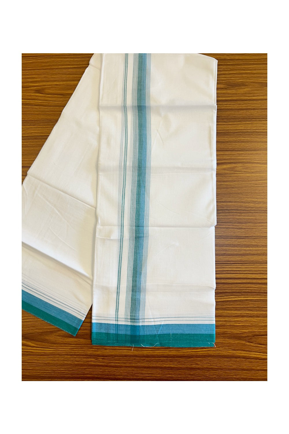 15% DISCOUNT!! Kaitharikada Balaramapuram 100% Cotton Ultra WHITE Double Mundu/Dothi-100x90  2.25 Inch Green & blue shaded stripes kara - 69KK430VAS