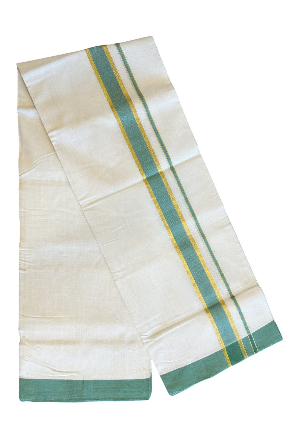 21% Discount KaithariKada HANDLOOM Unakkupaav Balaramapuram - 100% PURE Cotton Off White (Unbleached) Double Mundu/Dhoti - 2.5 inch Kasavu & Blue Green Stripes-212