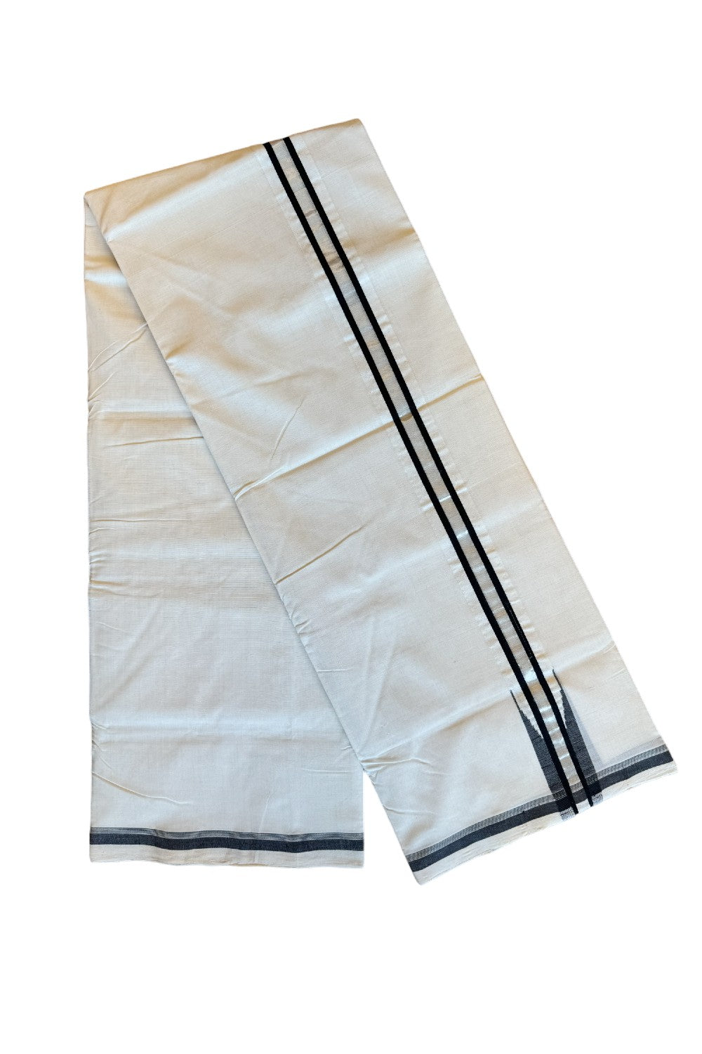 21% DISCOUNT!! KaithariKada HANDLOOM Unakkupaavu Balaramapuram - 100% PURE Cotton OFF White (Unbleached) Double Mundu/Dothi - Silver Kasavu & Black puliyilakkara chutty- 7KK203RAM