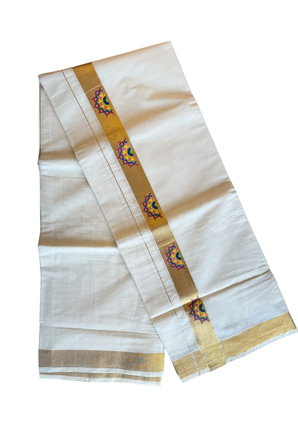 20% Discount !! KaithariKada Balaramapuram 100% Cotton Double Off white Mundu/Dhoti-80x72-  Hand Painted  Kasavu Flower Design - 7KK207PMC