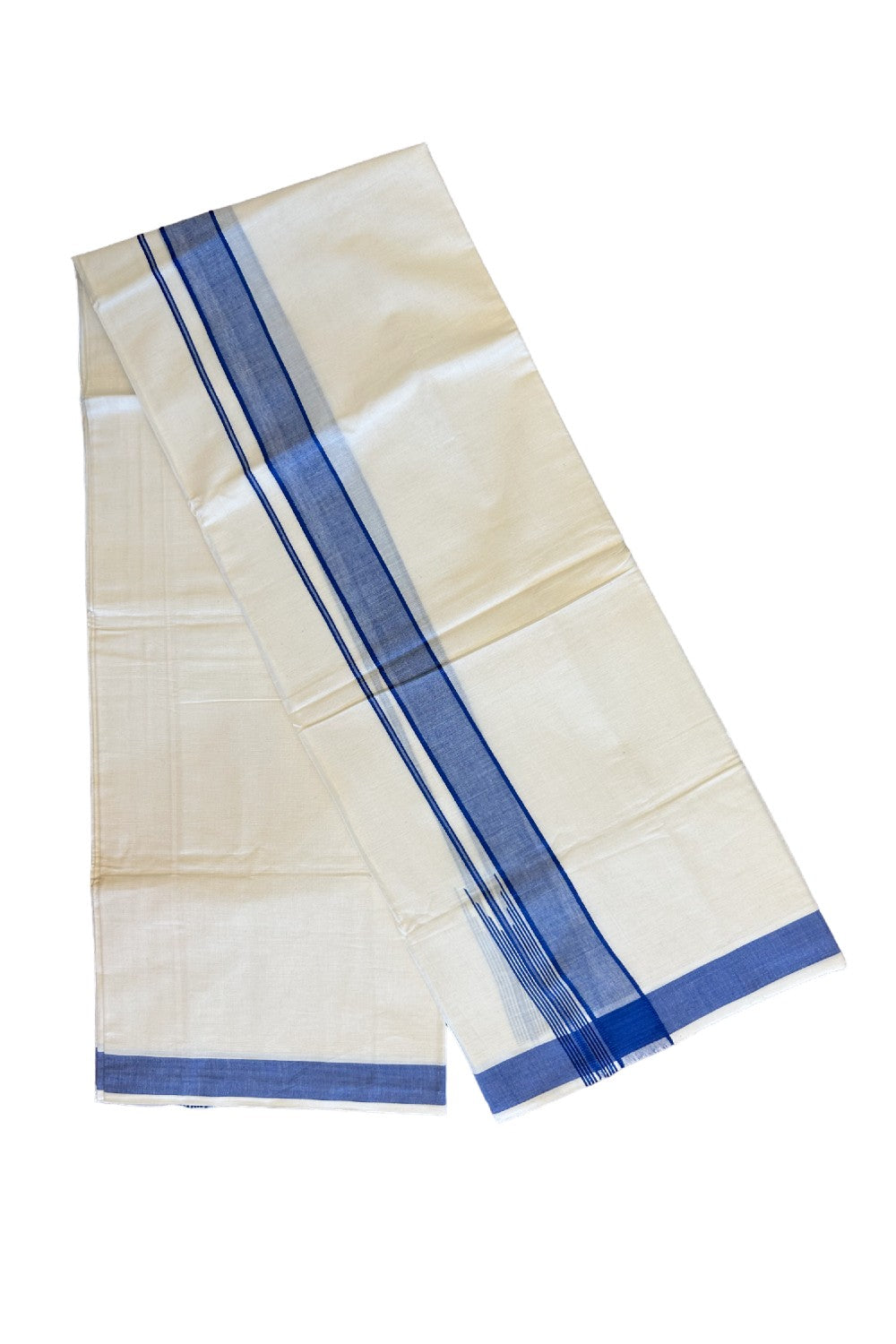 ONAM OFFER 22%! KaithariKada Exclusive 100% PREMIUM Cotton OFF WHITE (Unbleached) Double Dhoti/Mundu- Cotton Dark Blue Kara Printed Striped Chutty - 7KK426MC