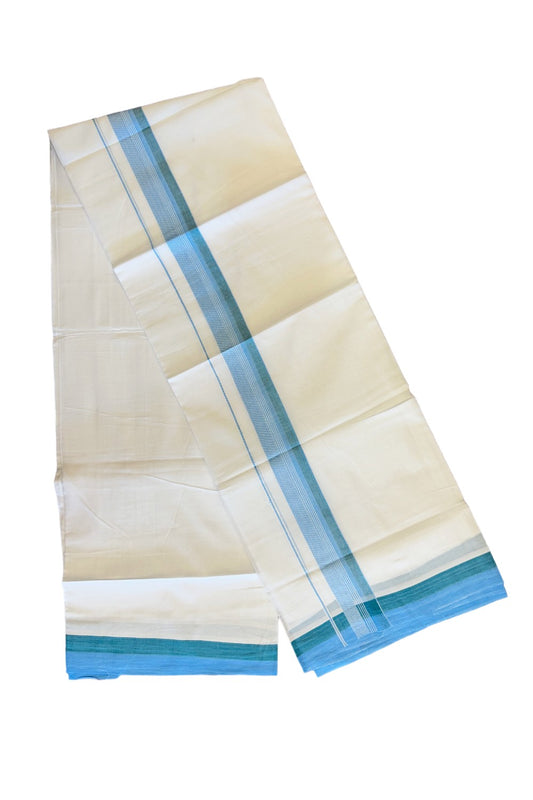 26% DISCOUNT!!! KaithariKada Balaramapuram 100% Cotton PURE white Double Mundu/Dhoti-100x90   2 Inch Sky Blue & Green shaded White stripes kara  - 7KK448VIN