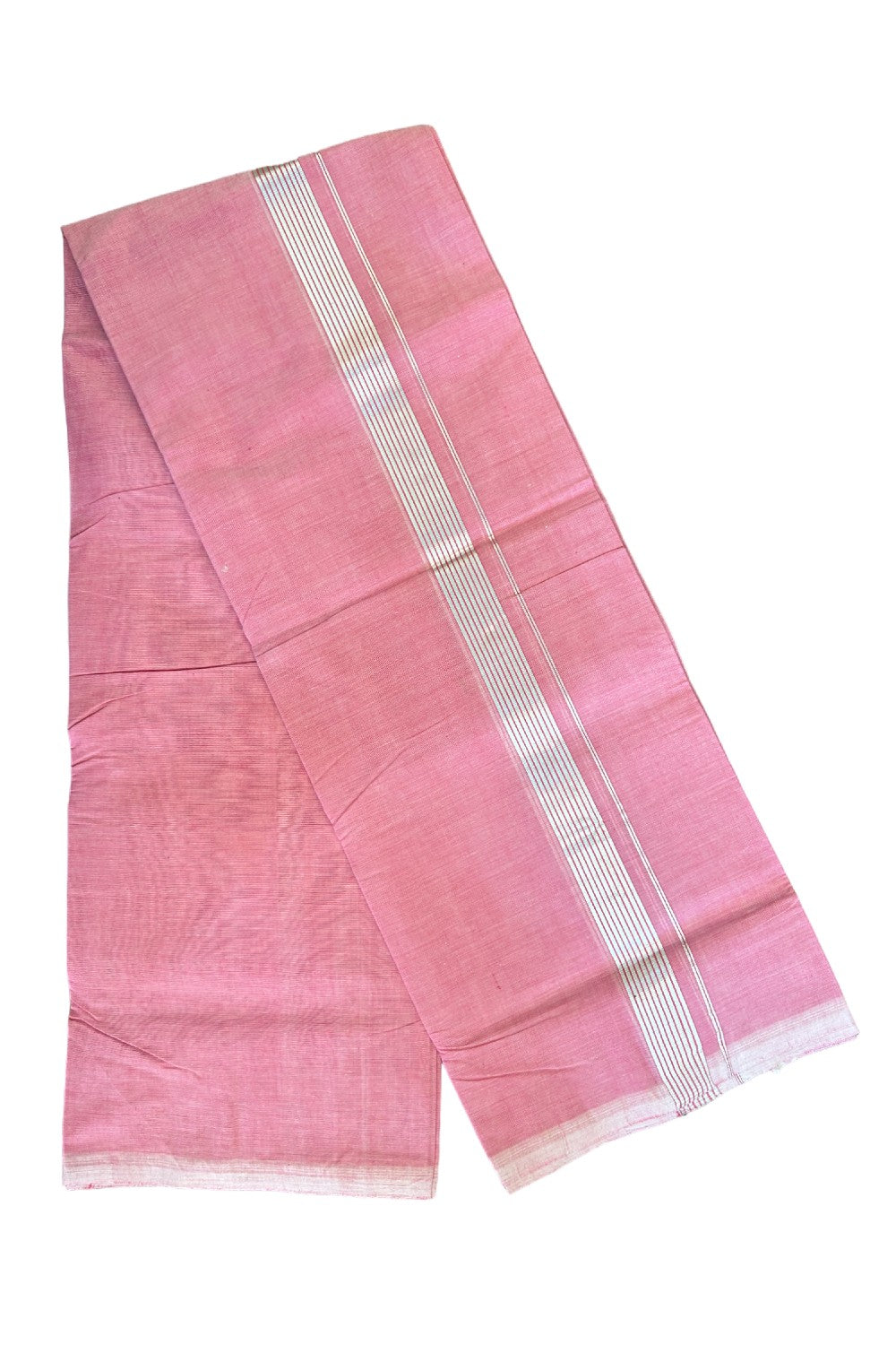 21% Discount! KaithariKada Handloom 100% Cotton Double Mundu/Dhoti - Pink Colour Body & Silver Striped 1.75inch Kara 3.80 mtr - 7KK452SOM