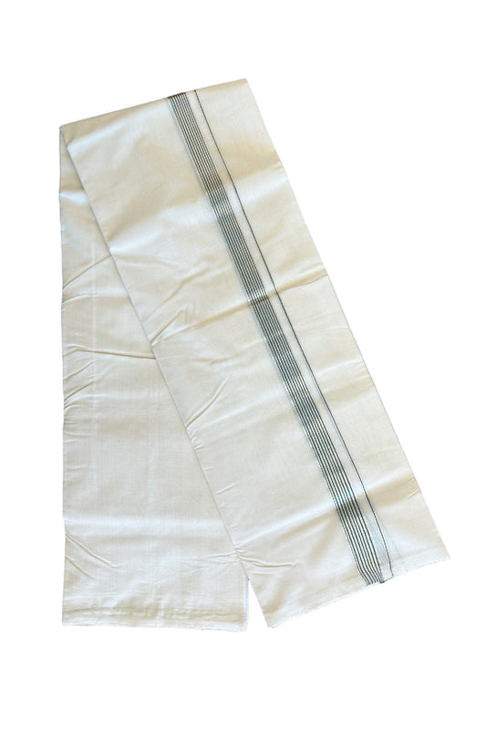 15% DISCOUNT!! KaithariKada HANDLOOM Millpaav Balaramapuram - 100% PURE Cotton OFF White (Unbleached) Double Mundu/Dothi - Light green & Silver kasavu Striped kara 3.75m (8.30 Muzham) - 7KK458SOM