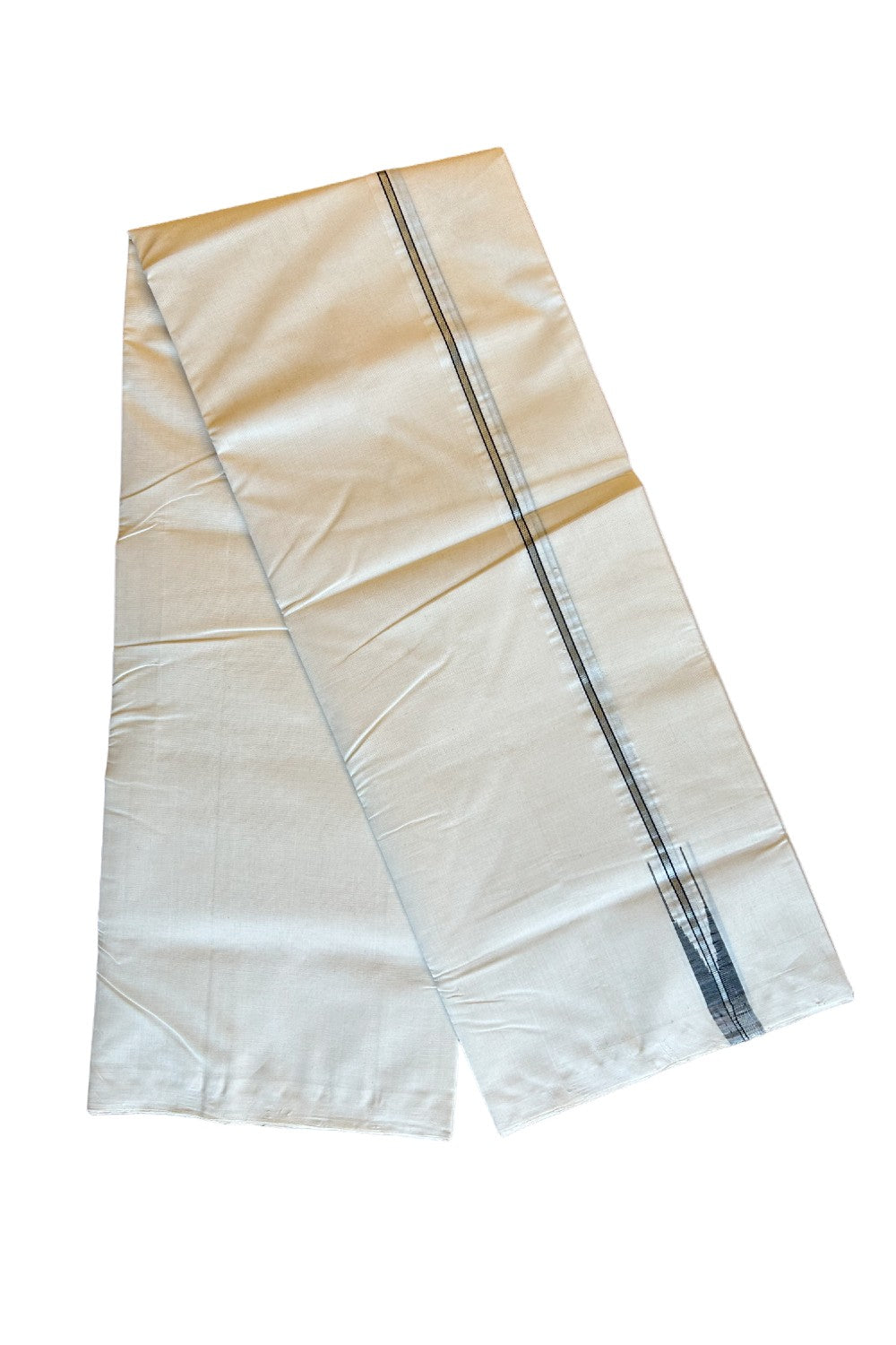 17% DISCOUNT!! KaithariKada HANDLOOM UNAKKUPAAV Balaramapuram - 100% PURE Cotton OFF White - (Unbleached) Double Mundu/Dothi - 2 cm Puliyilakkara silver kasavu Black chutty - 7KK462RAM