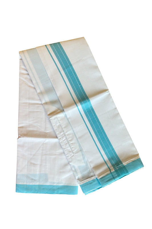 KaithariKada Balaramapuram  COTTON SINGLE PURE WHITE VELCRO Mundu/Dhoti  - 1.75inch Blue kara - 7KK485SRI