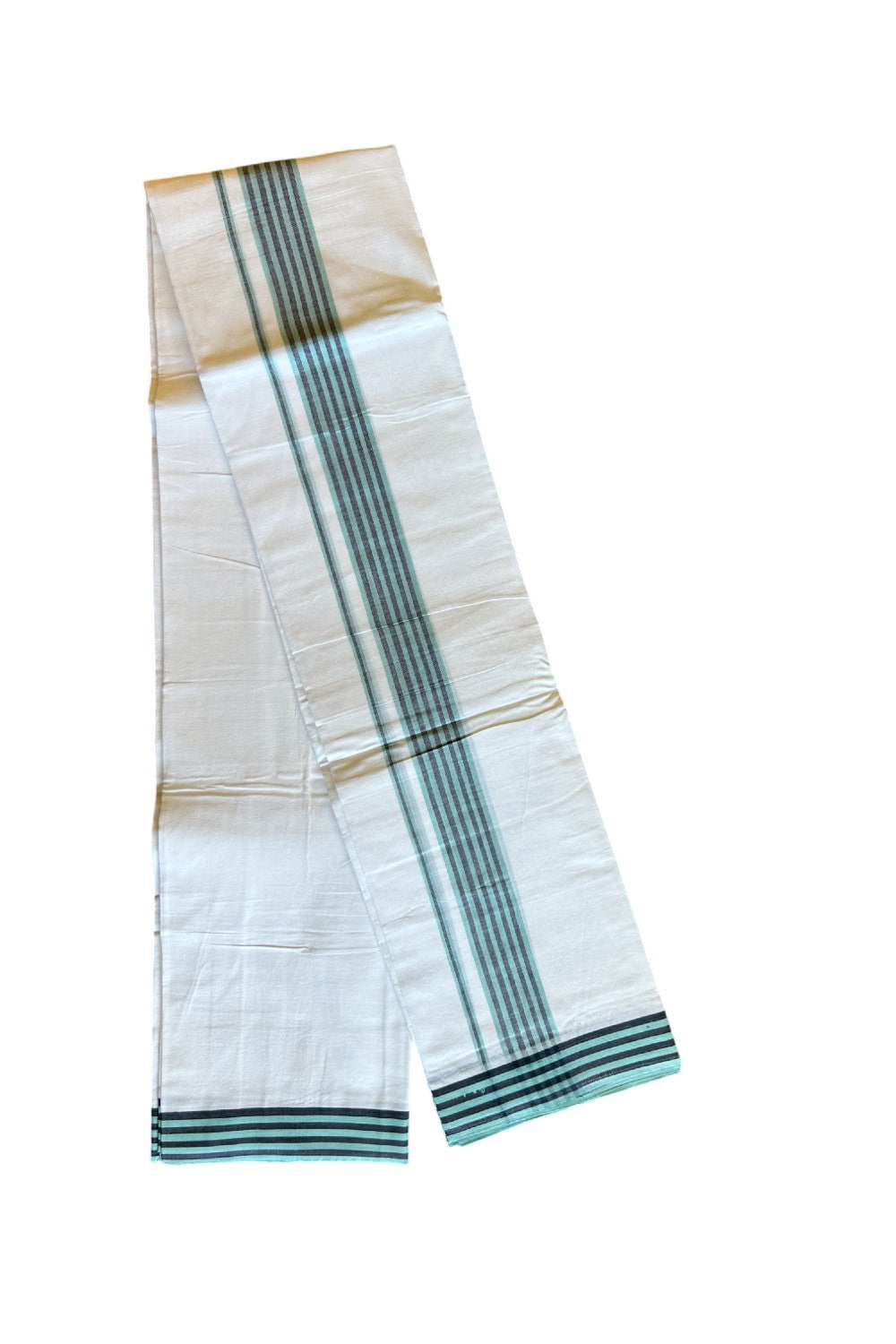 29% DISCOUNT! KaithariKada Balaramapuram 100% Cotton Ultra WHITE Double Mundu/Dhoti-100x100 2.5 inch Turqouise & Black Stripes Cotton kara 3.70m- 7KK493RAM