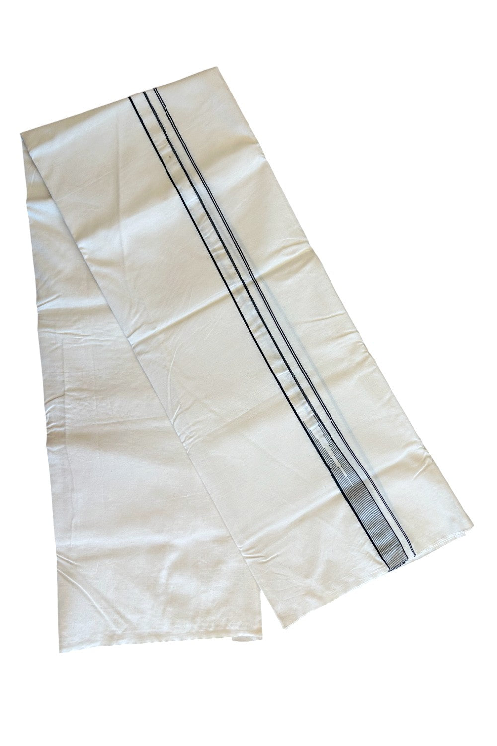 22% DISCOUNT ! KaithariKada Balaramapuram 100% COTTON SINGLE OFF WHITE Mundu/Dhoti-Twisted 100s Thread- 1.25 inch Black Striped Puliyilakkara Chutty- 7KK497ASH