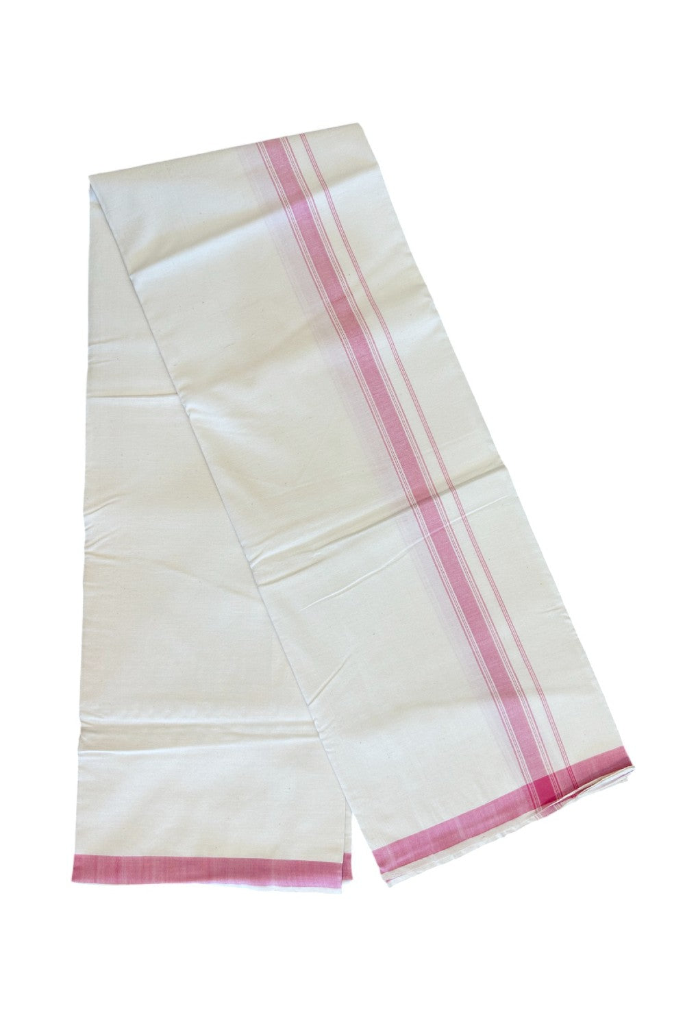 32% Discount KaithariKada 100% Cotton Balaramapuram HANDLOOM Single Mundu/Dhoti - Off White - (Unbleached) 1.75 inch Pink Stripes Kara  - 7KK499KK