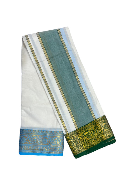 37% DISCOUNT! KaithariKada  Cotton Mix  Off White - (Unbleached) 80x80 thread - 80% Cotton & 20% Polyester -  NORTH INDIAN - ATTACHED GAMCHA 9X5 Dhoti 6.5 inch Green kara with Blue Green Design border  - 7KK5005PMC