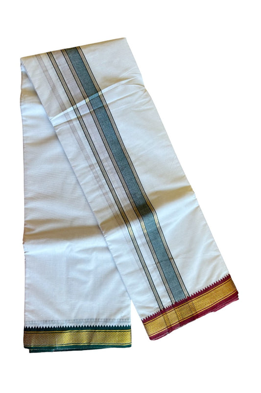 15% DISCOUNT! KaithariKada - Cotton Mix - PURE White - 80x80 thread- 80% Cotton & 20% Polyester  - (Unbleached) NORTH INDIAN  - ATTACHED GAMCHA - 10x6 Dhoti-  Gold Kasavu Green & Maroon 2.65 inch kara - 7KK5008PMC