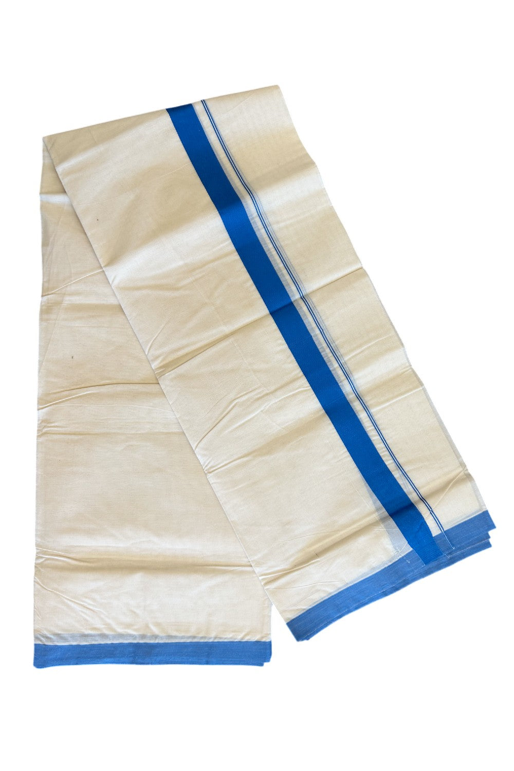 15% Discount KaithariKada Balaramapuram 100% Cotton Double Off white Mundu/Dhoti-100x100 1.75  inch Blue Kara - 7KK500KK