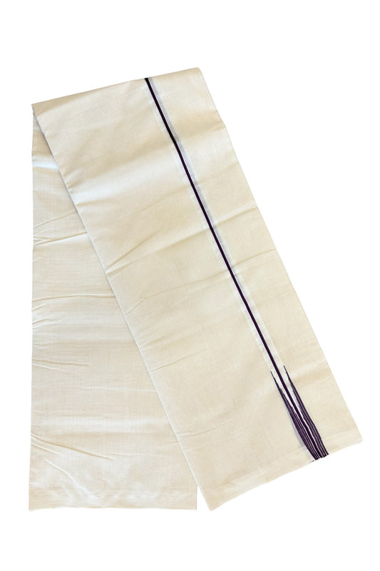 15% DISCOUNT!! KaithariKada HANDLOOM Millpaav Balaramapuram - 100% PURE Cotton OFF White Double Mundu/Dothi -1 inch Puliyilakkara silver kasavu & Vine Purple Striped Chutty - 7KK5011RAM