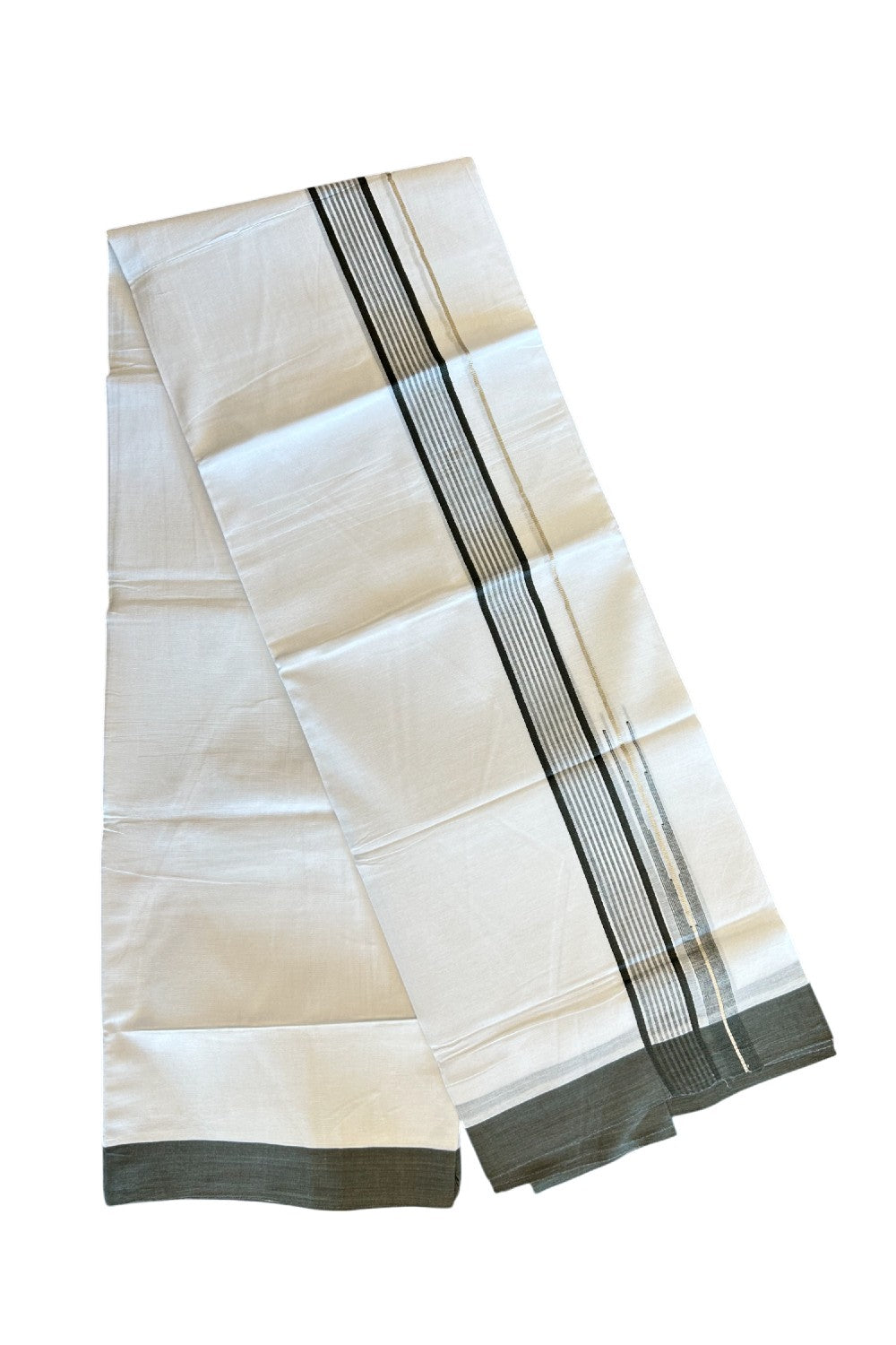 Kaitharikada  Balaramapuram 100% Pure Cotton PURE WHITE Double Mundu/Dothi - 80x92 - 1.5 Inch Black & Silver striped Chutty kara - 6KK5022VAN