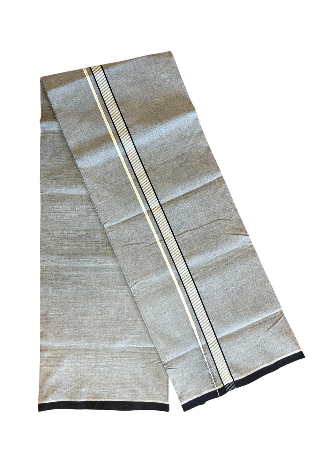 33% Discount !! KaithariKada 100% Pure Cotton - Colour Mundu Single Mundu/ Dhothi Ash Grey COLOUR BODY &  Black Striped Silver Chutty 1.25 inch Kara- 7KK5030ASH