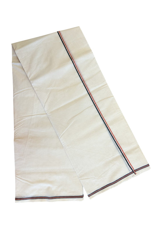 19% Discount!!  KaithariKada Balaramapuram 100% Cotton Double off white - (Unbleached) Mundu/Dhoti - 100X100 Brick Red, Black & Silver Striped kara - 7KK5035ASH